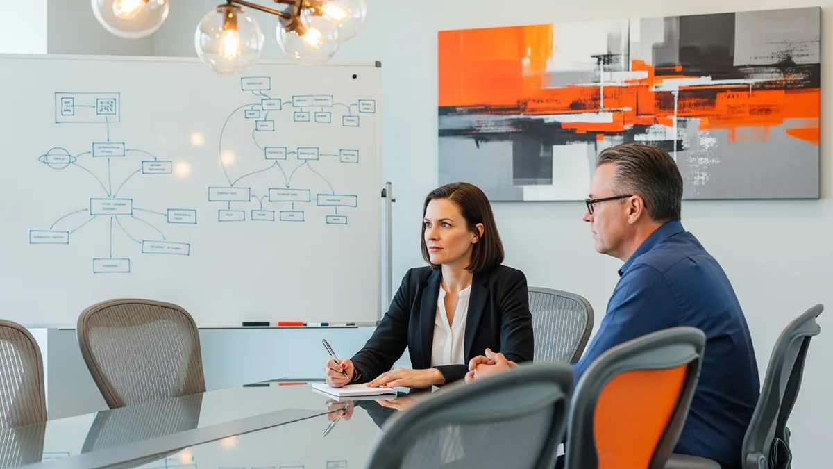 Defense tech hiring manager interviewing a senior software engineer candidate in a modern conference room with autonomous systems diagrams visible