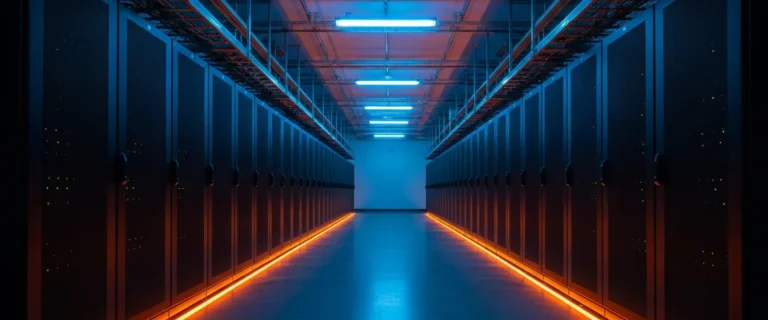 Empty enterprise data center aisle with orange accent uplighting after Dell 2026 workforce reduction