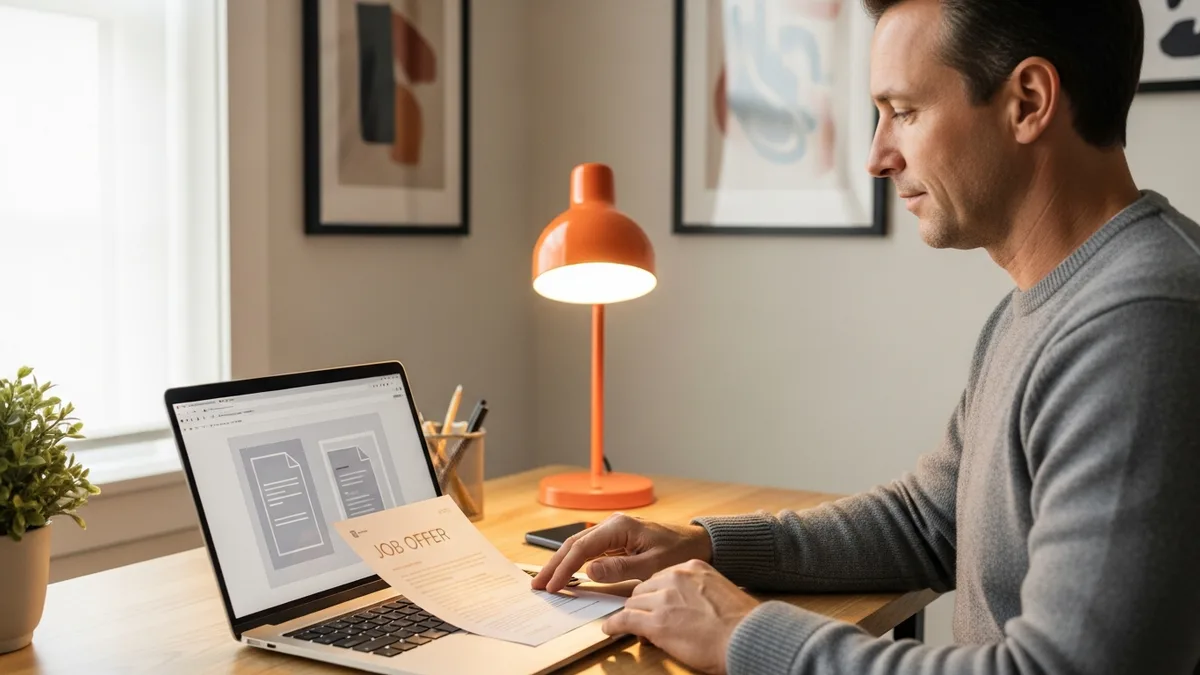 Displaced Dell employee reviewing job offers on laptop in home office workspace