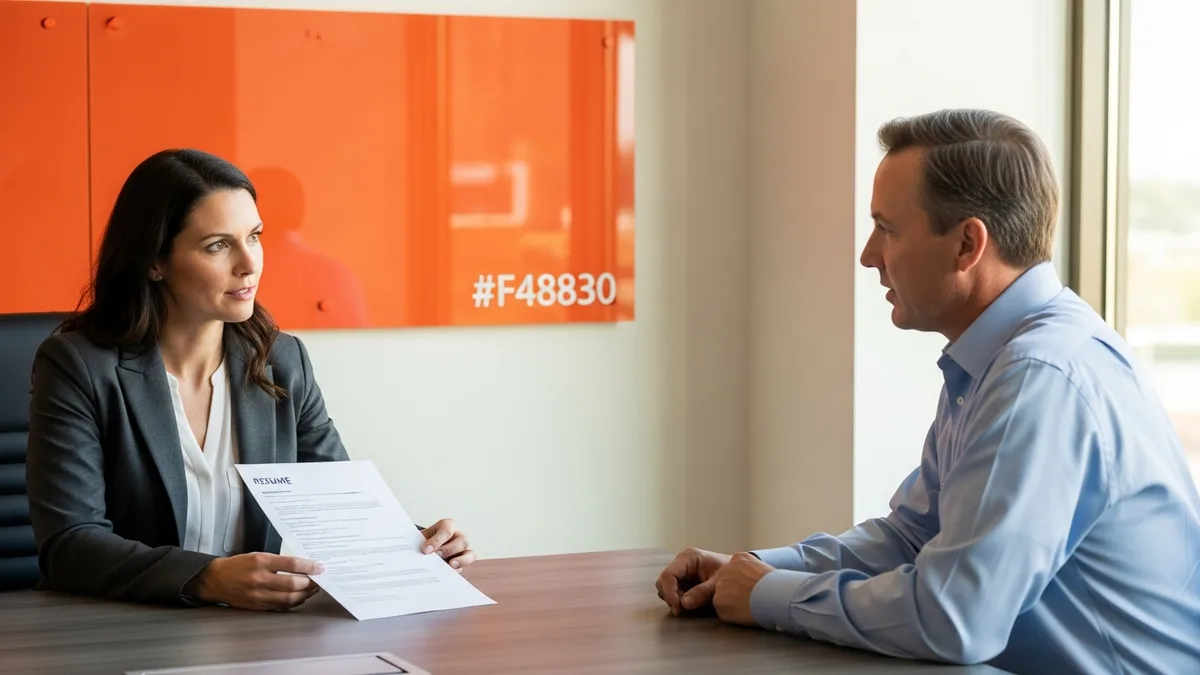 Hiring manager interviewing displaced Dell enterprise account executive in modern conference room