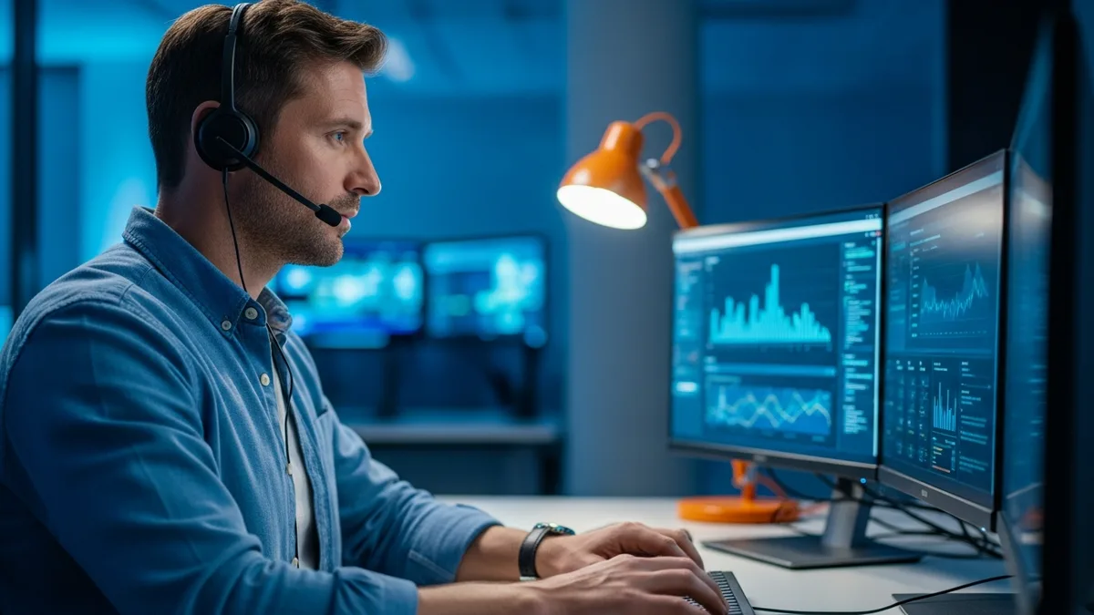 ProSupport L3 hardware engineer with headset triaging enterprise server incident at NOC workstation