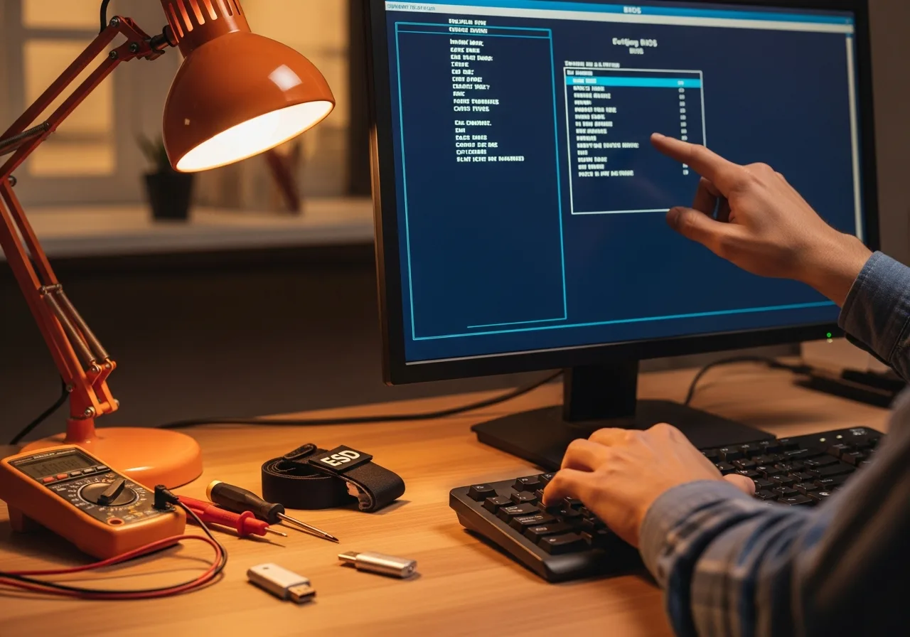 Close-up of a technician configuring BIOS settings on a workstation with diagnostic tools nearby