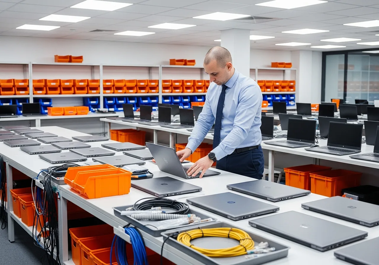 Desktop support team staging laptops on a deployment table during a large-scale hardware refresh project