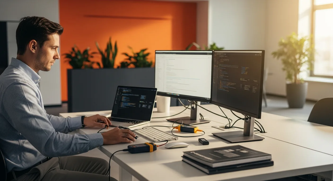 Desktop support technician troubleshooting a workstation in a modern corporate office with orange accent wall