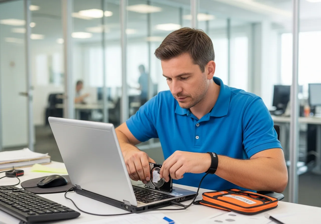 Desktop support technician replacing a laptop hard drive at an employee's desk in a corporate environment