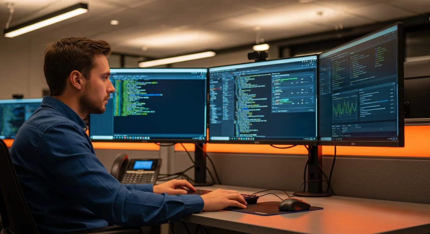 DevOps engineer at workstation reviewing CI/CD pipeline dashboards