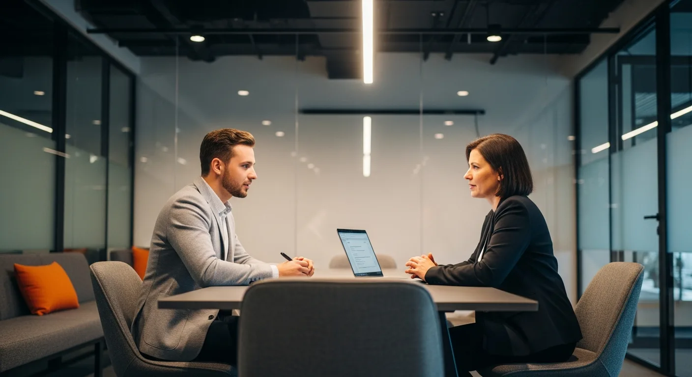 DevOps engineer technical interview with hiring manager in modern conference room