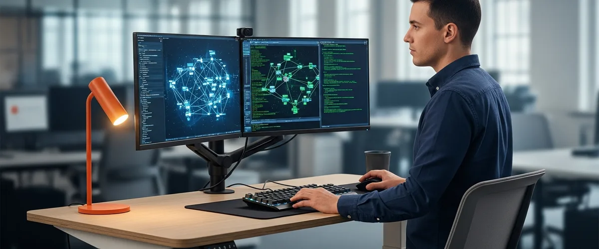 DevOps engineer reviewing cloud infrastructure architecture on dual monitors in modern office