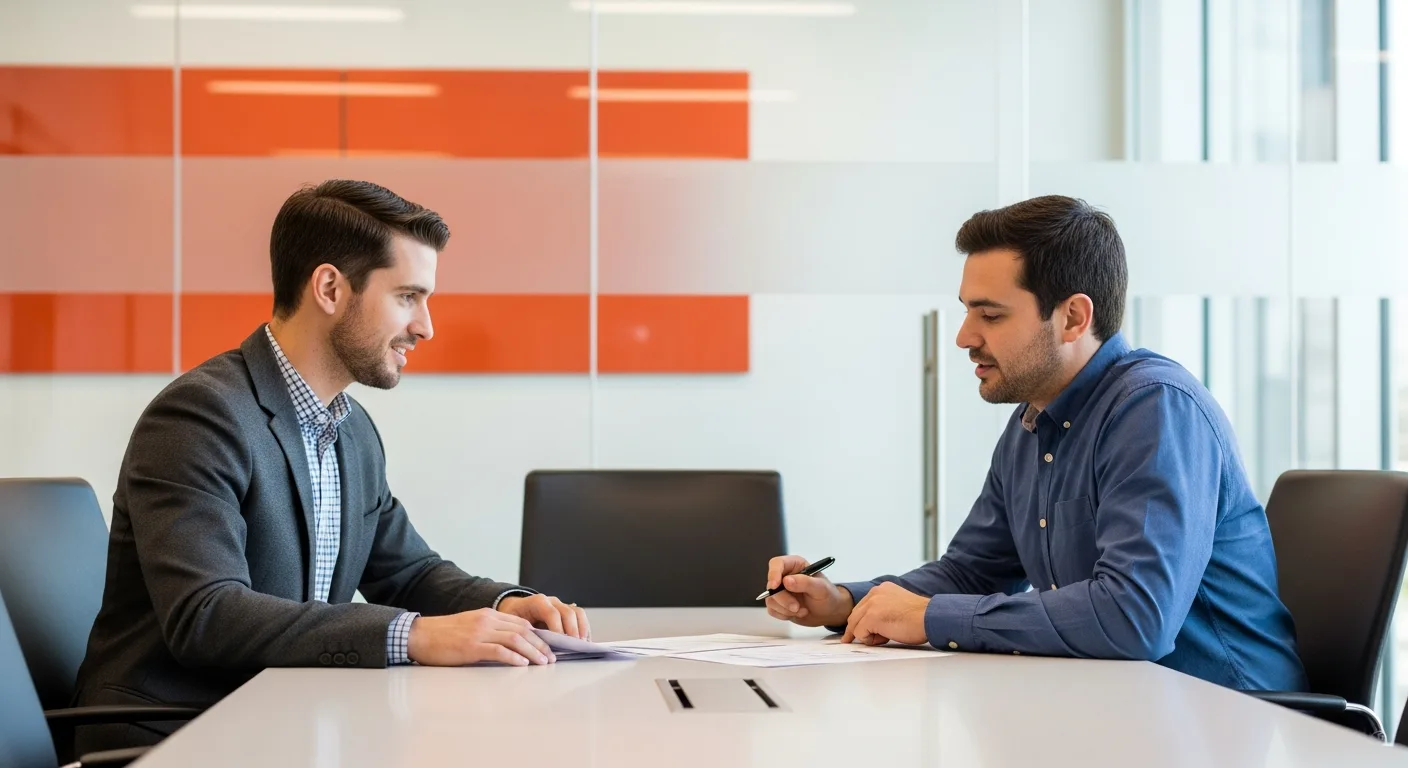 Hiring manager and DevOps engineer reviewing job description requirements in conference room