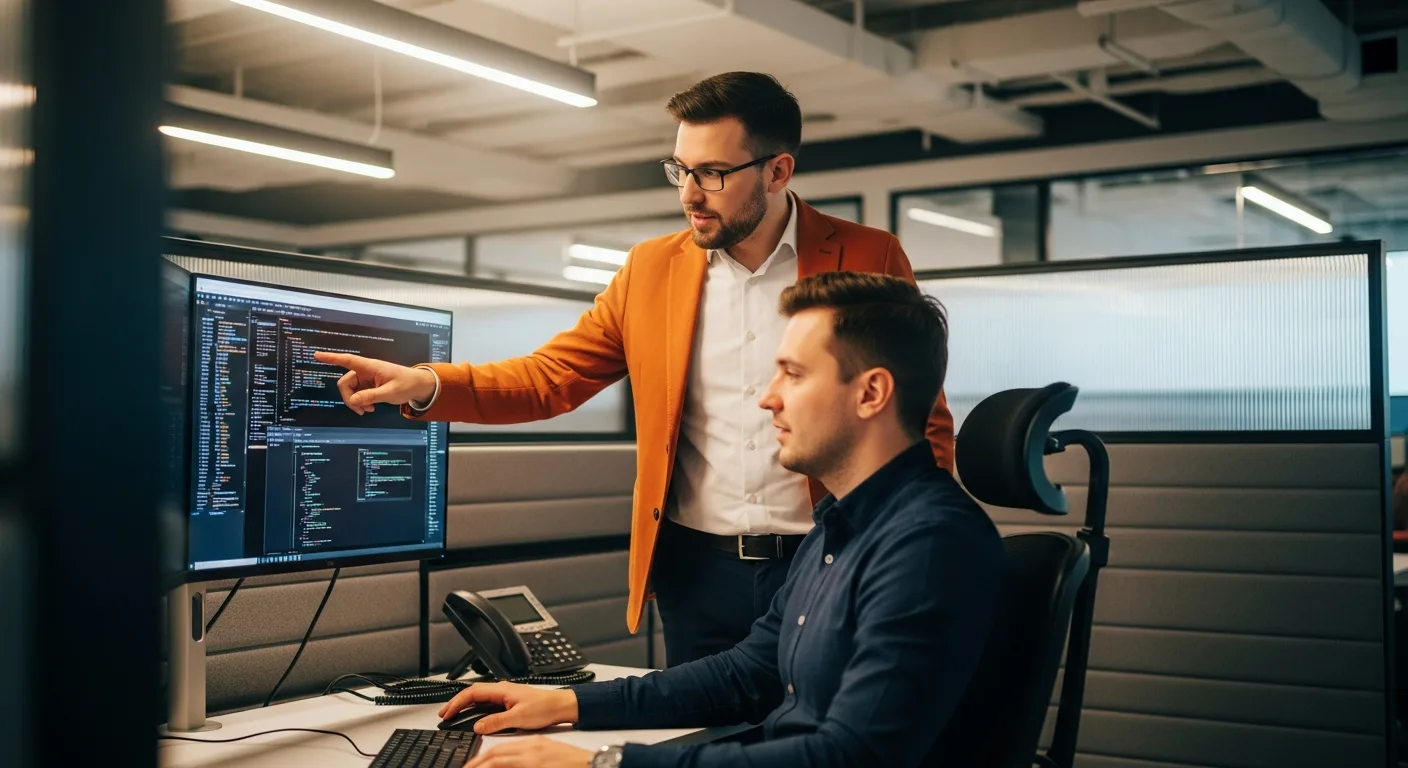 Two software engineers collaborating at workstation reviewing DevOps platform architecture