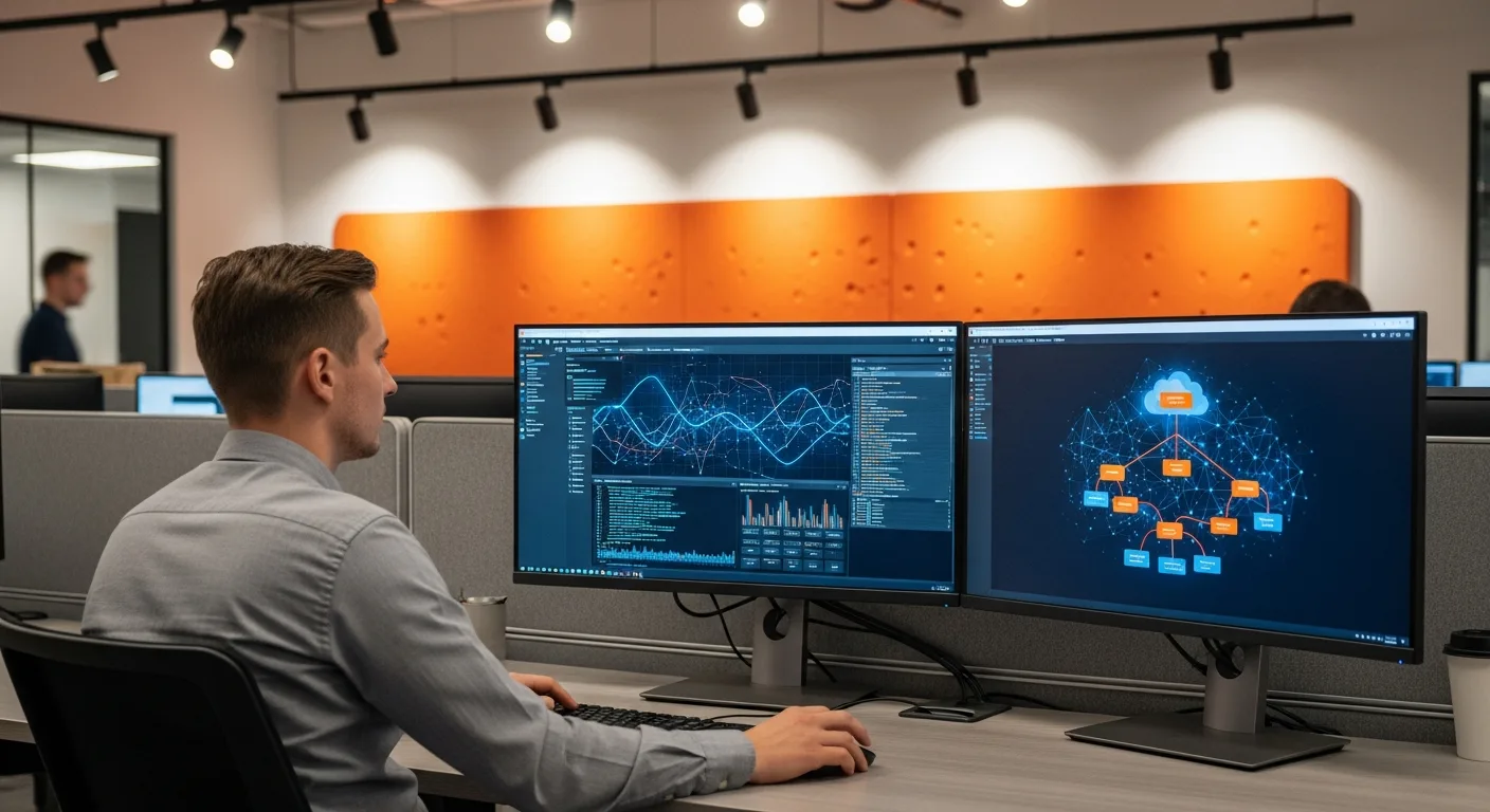 DevOps engineer at workstation with infrastructure dashboards and terminal windows