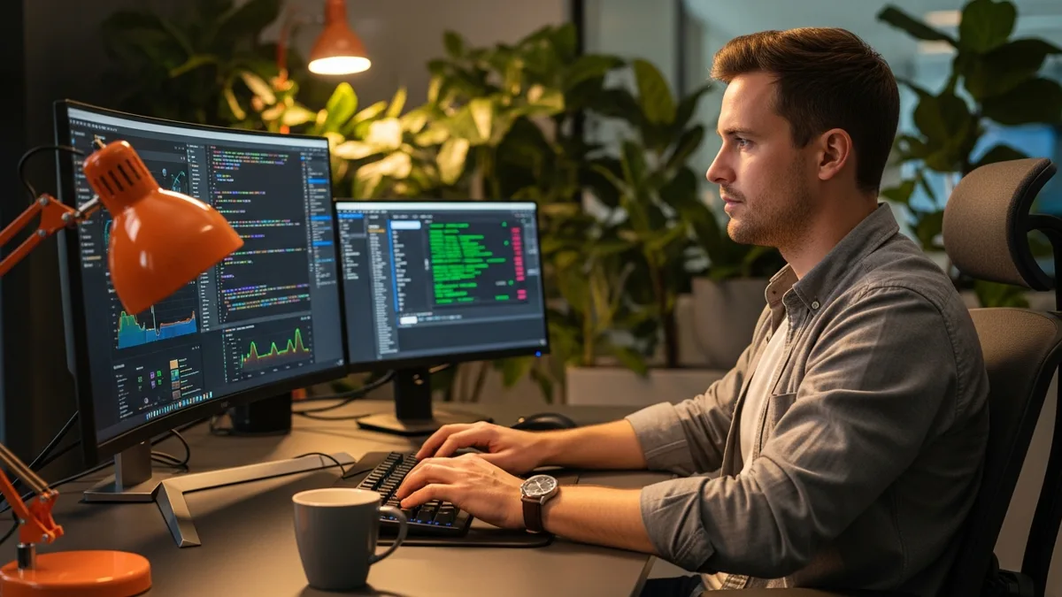 DevSecOps engineer running automated security scans on a CI/CD pipeline at a multi-monitor workstation