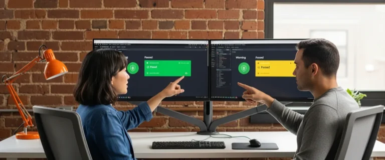 DevSecOps engineering team reviewing a CI/CD security pipeline dashboard at a workstation