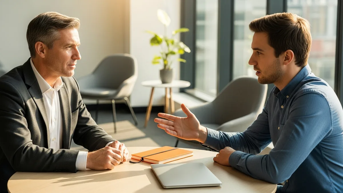 Hiring manager interviewing a DevSecOps engineer candidate at a modern conference table with a laptop