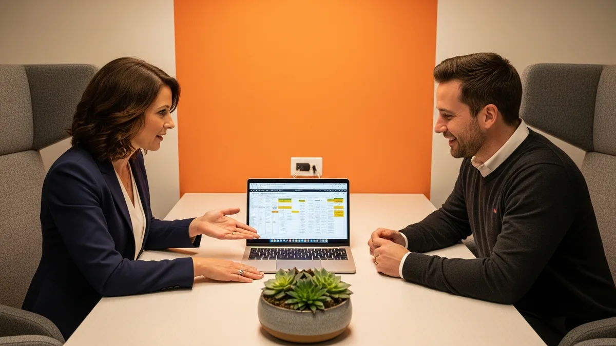 Hiring manager and technical lead reviewing DevSecOps engineer salary benchmarks on a laptop in a conference room