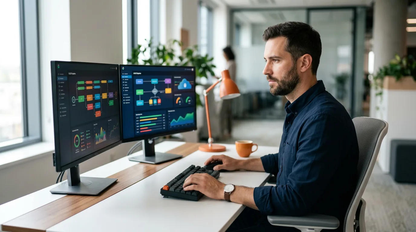Senior DevSecOps engineer reviewing CI/CD pipeline security scan results on dual monitors, KORE1 DevSecOps engineer staffing