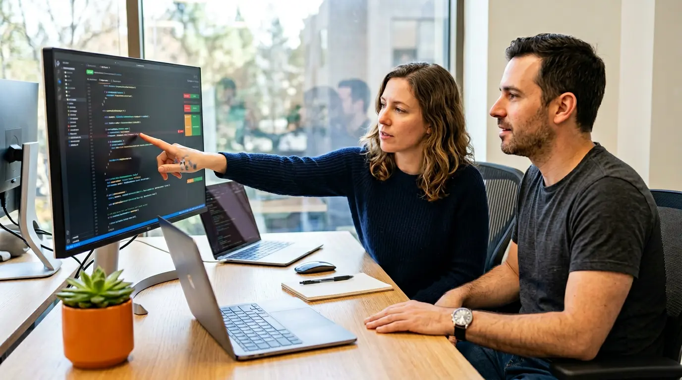 Two DevSecOps engineers reviewing a CI/CD pipeline with security scan overlays on a large monitor