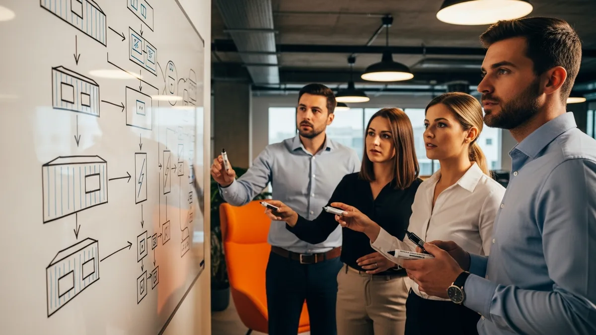 DevSecOps team reviewing infrastructure-as-code security policies on a whiteboard during a standup