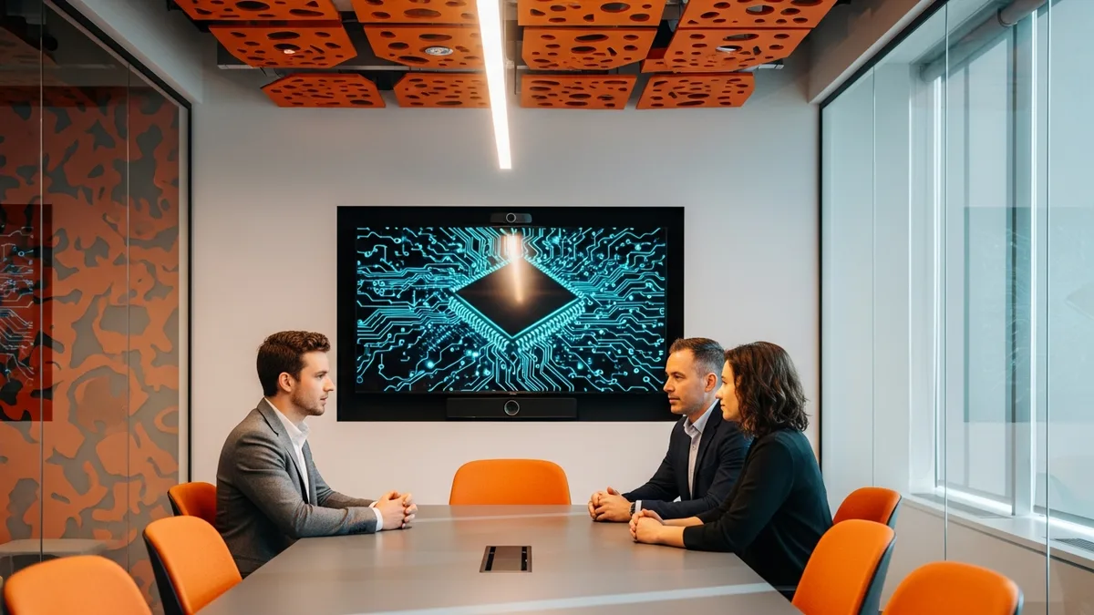 .NET developer candidate in a technical interview panel with two interviewers in a modern conference room