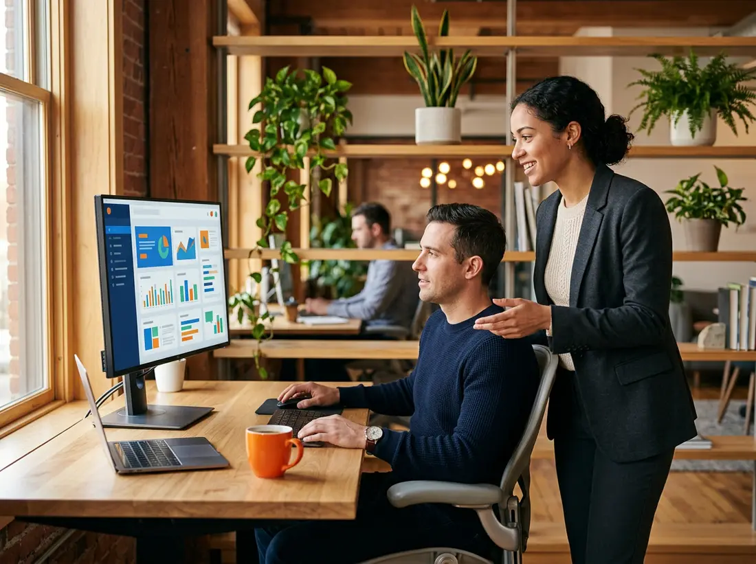 EdTech staffing — a product team reviews a learning platform interface on a standing desk monitor