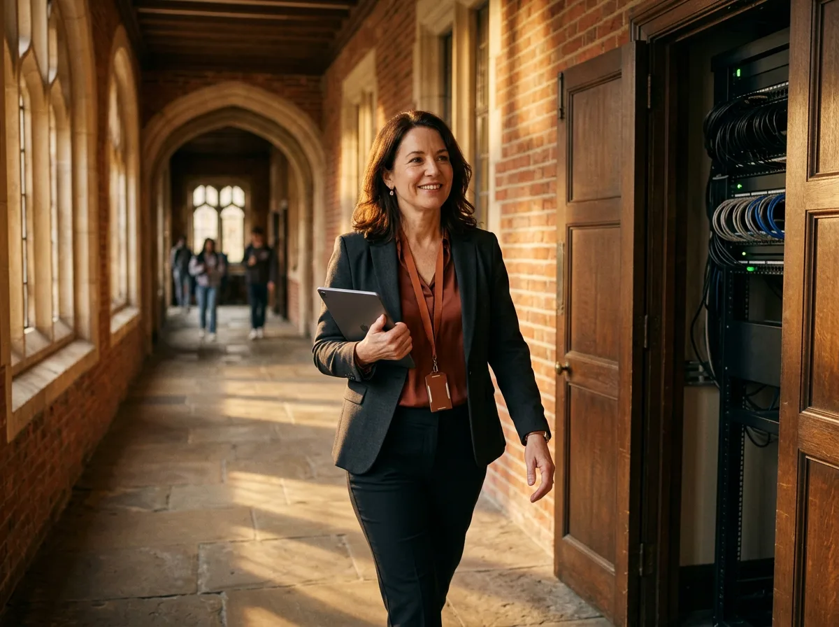 Education IT staffing — a technology director walks a university hallway between server closets