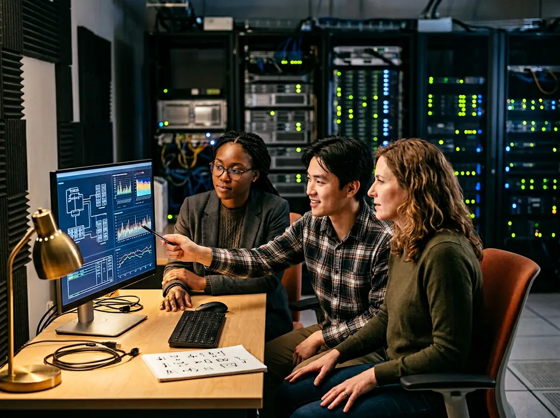 Higher education IT staffing — a university research computing team reviews infrastructure on a large monitor