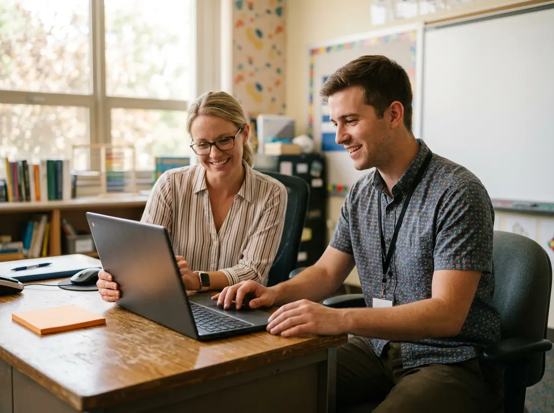 K-12 IT staffing — a helpdesk technician assists a teacher with a Chromebook in a middle school classroom