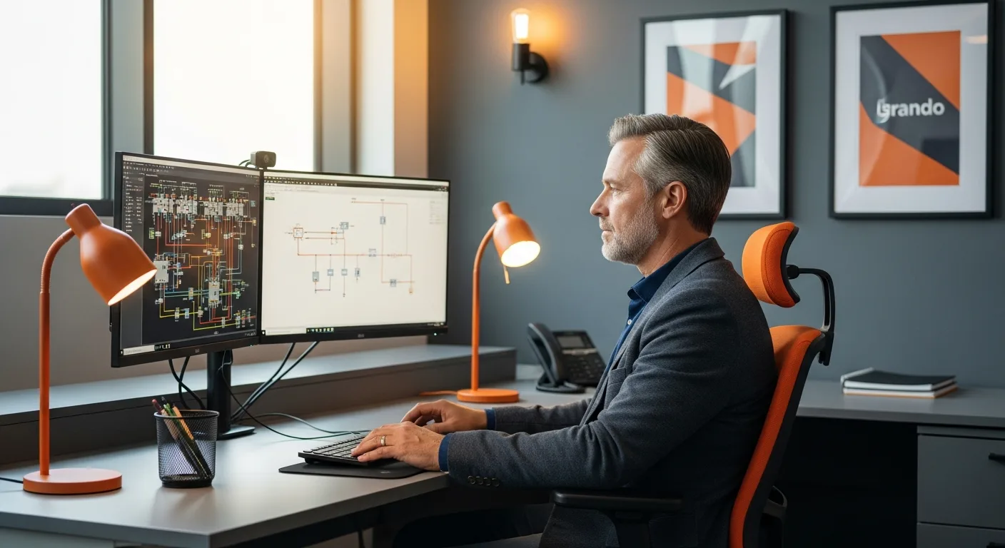Senior electrical engineer reviewing a multi-screen power schematic in a modern engineering office