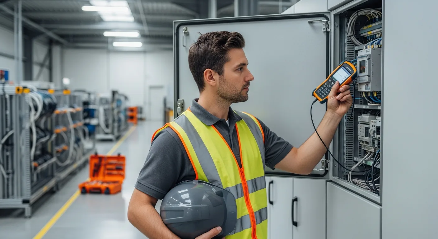 Industrial controls engineer in a manufacturing plant inspecting an Allen-Bradley PLC cabinet