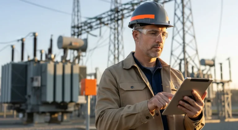 High-voltage substation at dusk representing electrical engineering hiring