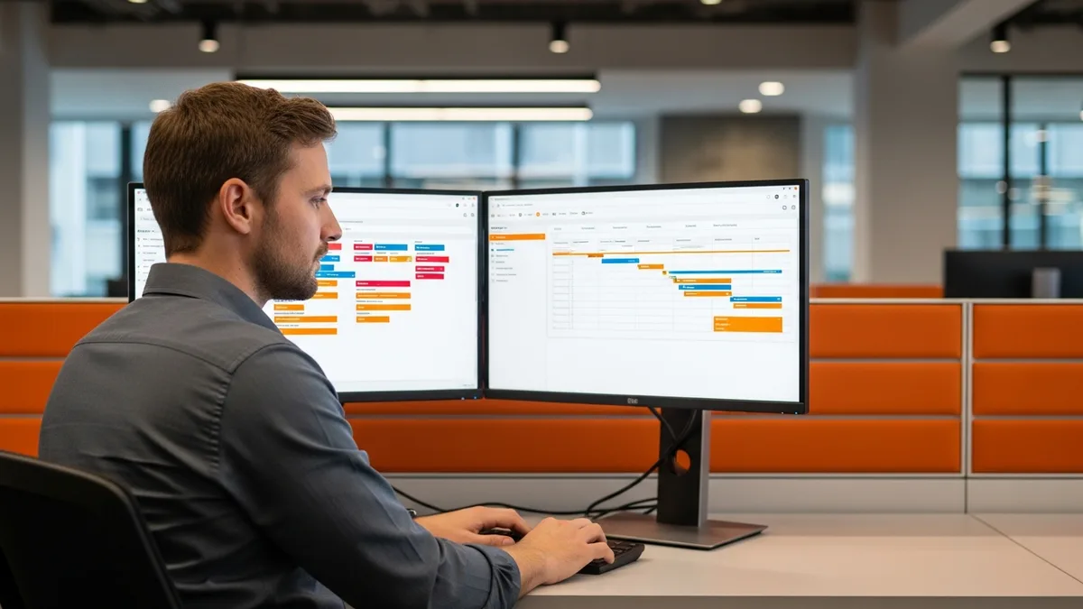 Engineering manager reviewing team sprint backlog and project roadmap on dual monitors at modern tech office workstation