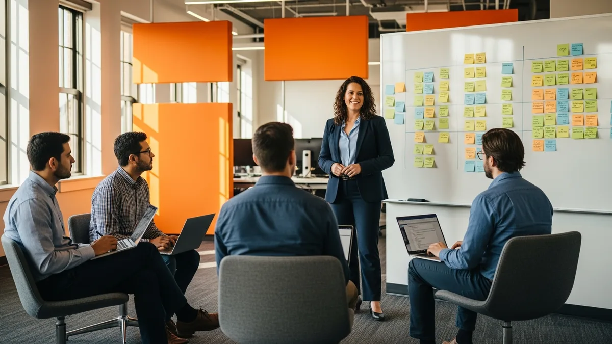 Engineering manager leading sprint planning meeting with software team around whiteboard in open-plan office with orange accent wall