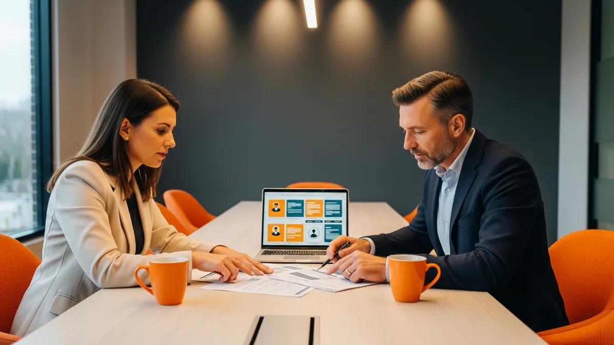 Recruiter and hiring manager reviewing engineering manager candidate resumes at conference room table with orange coffee cups