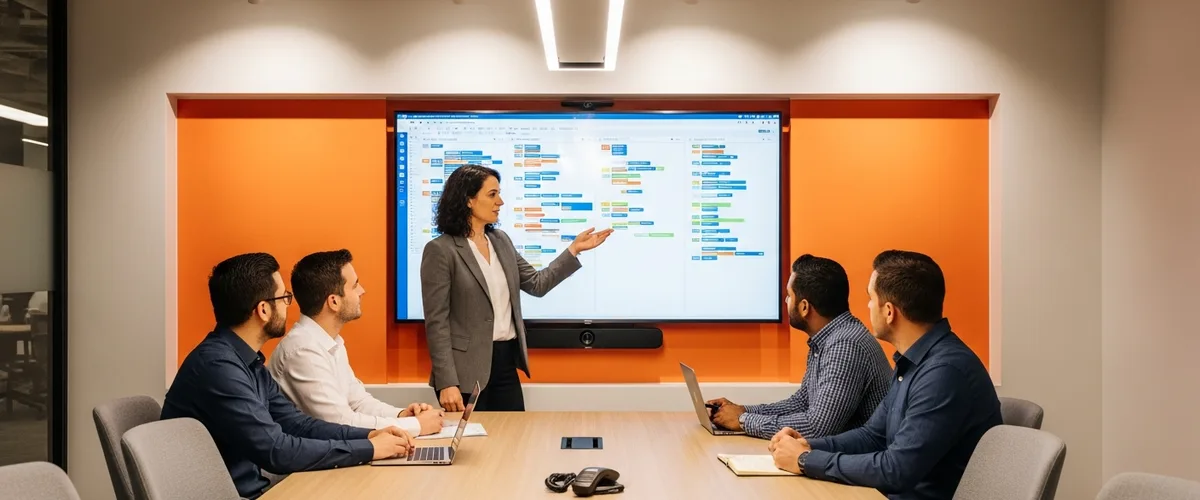 Engineering manager presenting team roadmap in modern tech conference room with orange accent elements