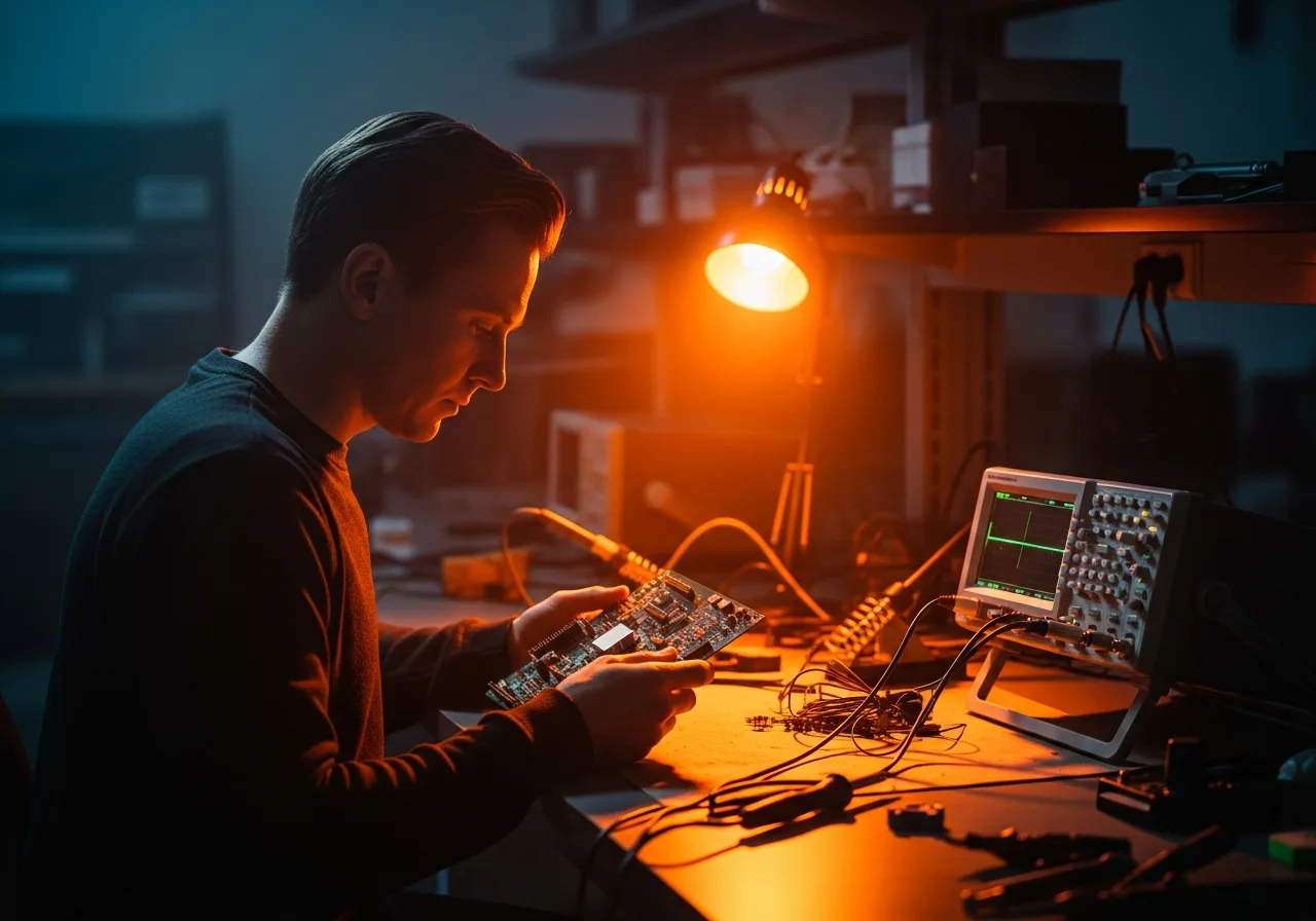 Embedded systems engineer examining a circuit board with diagnostic equipment in a professional engineering lab