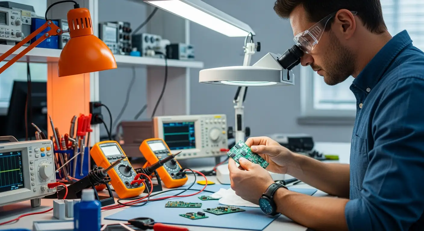 Electronics engineer working with IoT development boards and test equipment in a modern engineering lab with an orange accent lamp