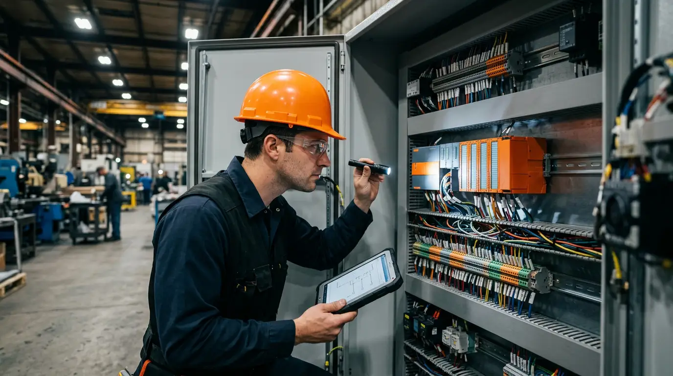 Industrial controls engineer in safety glasses inspecting a PLC control panel with terminal blocks and wiring harnesses in an industrial facility