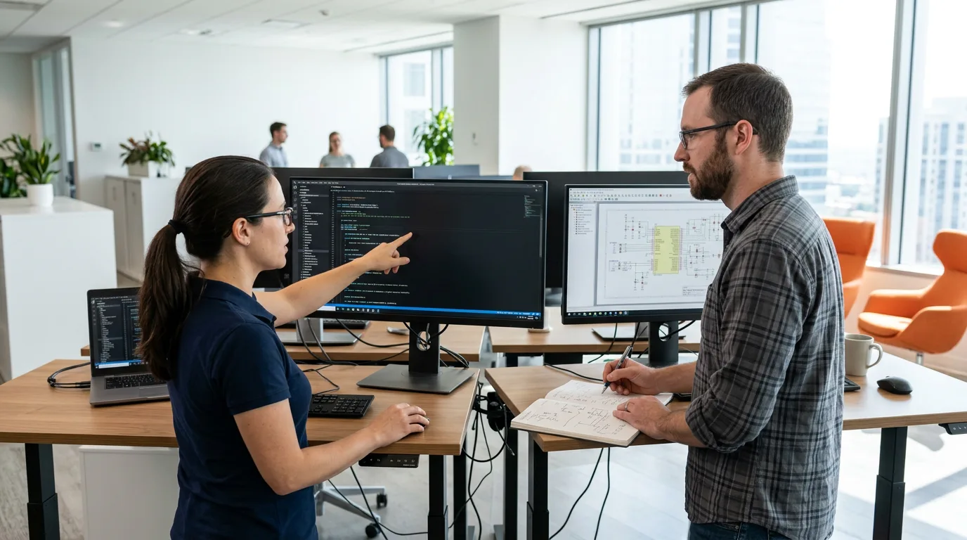 Embedded systems engineering team at workstations with multiple monitors showing firmware code and circuit schematics