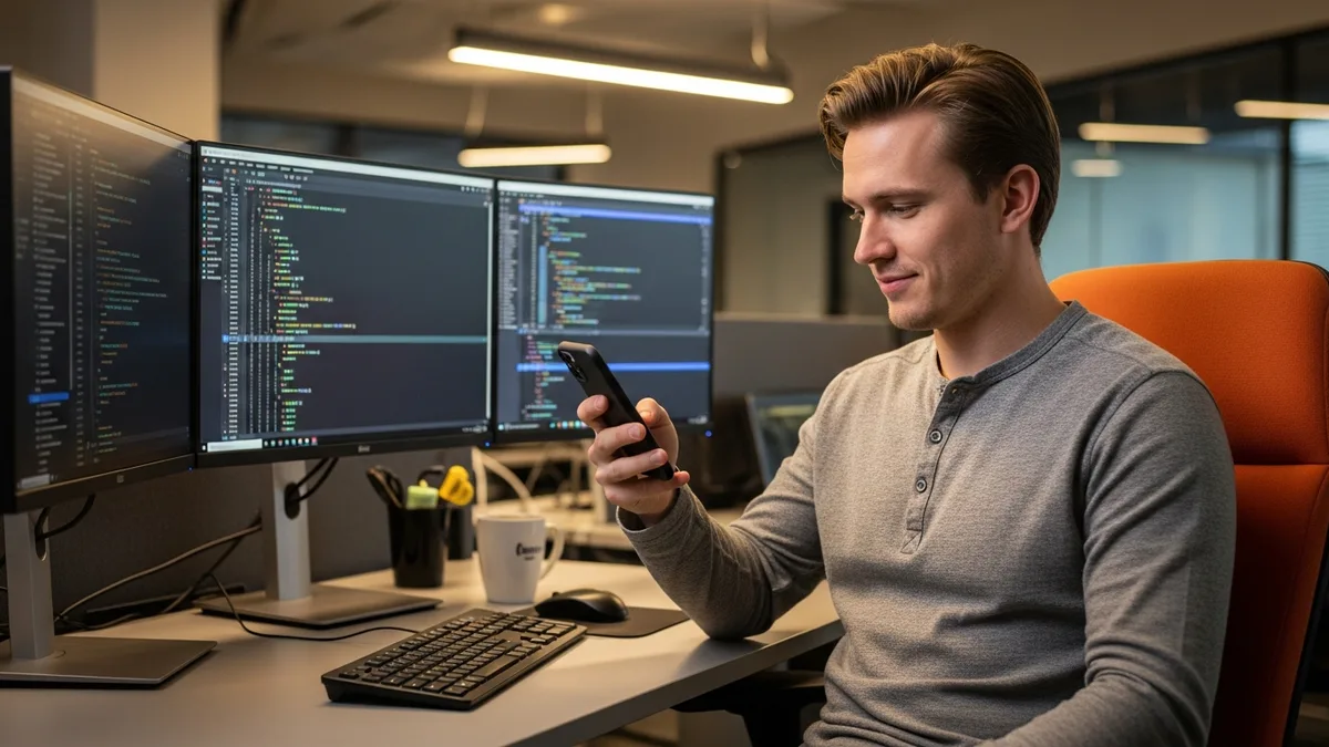 Software engineer checking employer reviews on smartphone at a dual-monitor workstation during job research