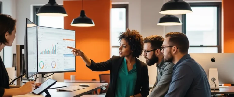 Diverse tech team collaborating around a standing desk in a modern office with orange accents, reviewing employer branding analytics