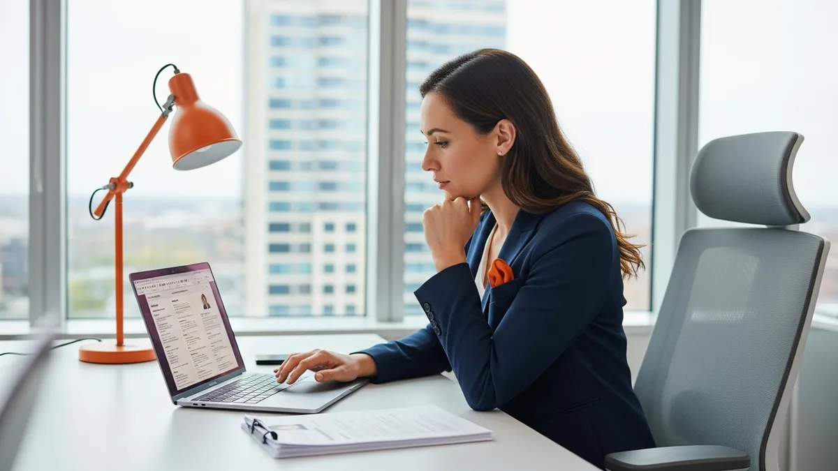 Hiring manager reviewing candidate profiles on a laptop at a modern desk with warm office lighting