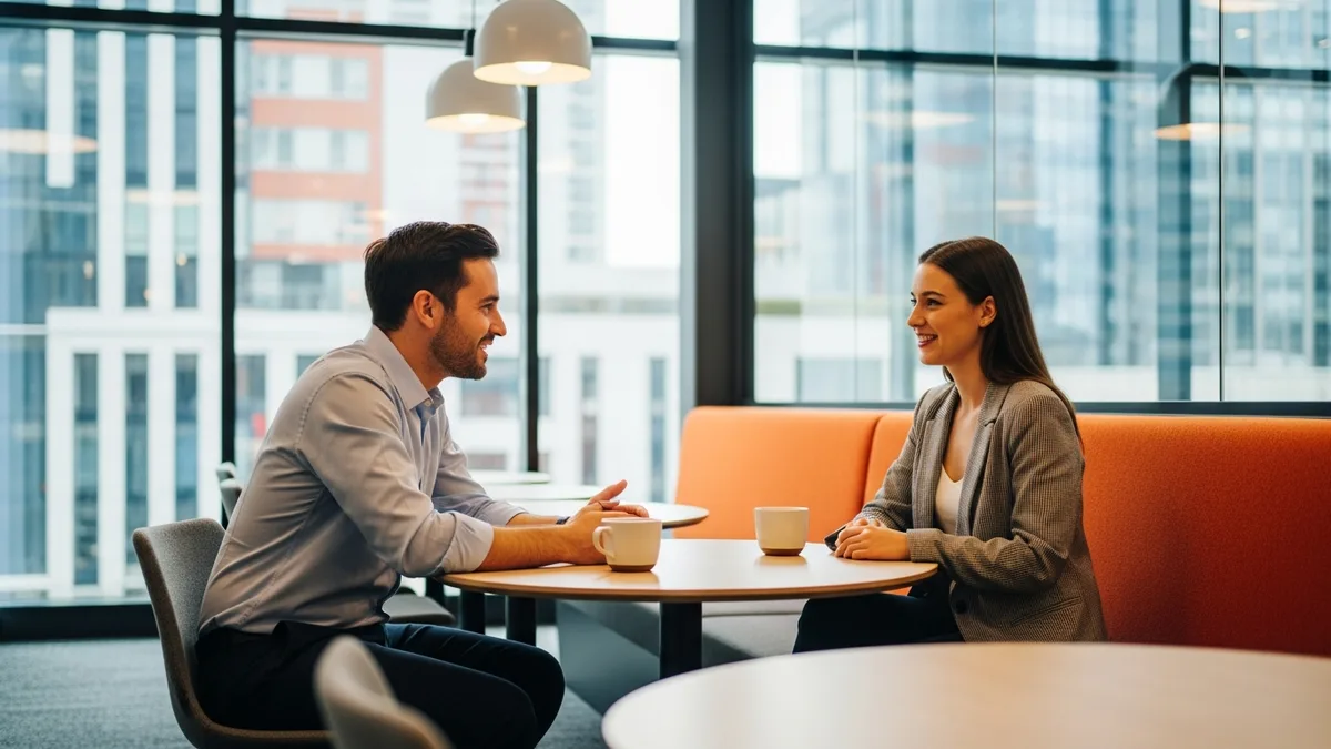 Two professionals in a relaxed interview conversation in a modern conference room reflecting positive employer brand