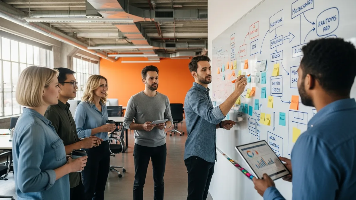 Tech team in a standup meeting around a whiteboard with sticky notes demonstrating authentic employer brand culture