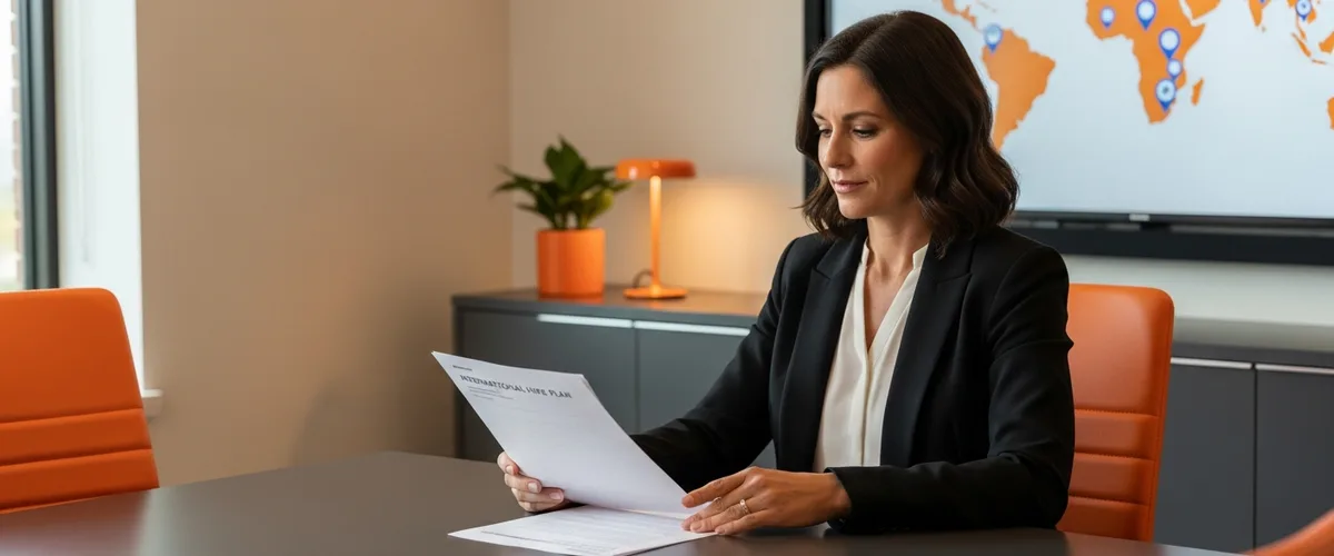 HR operations leader reviewing international hire plan with world map screen during employer of record strategy meeting