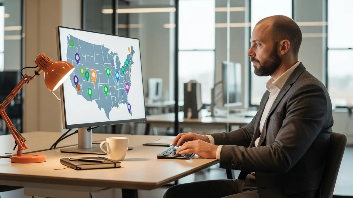 US hiring manager reviewing multi-state employee map on monitor while planning remote hires through employer of record