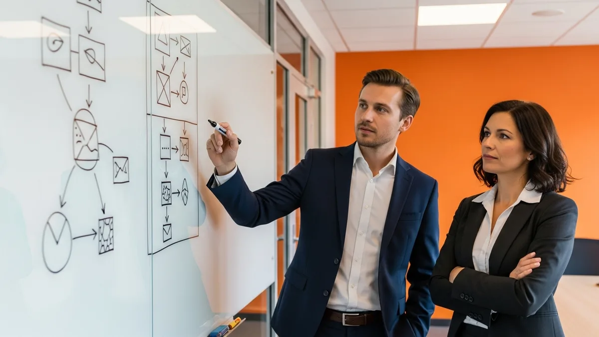 Two business professionals at whiteboard comparing employer of record vs PEO co-employment models