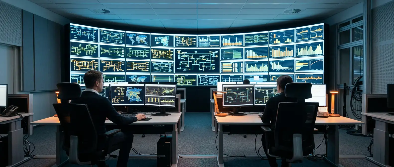 Utility control room operators monitoring transmission and distribution dashboards on a wall of grid telemetry displays