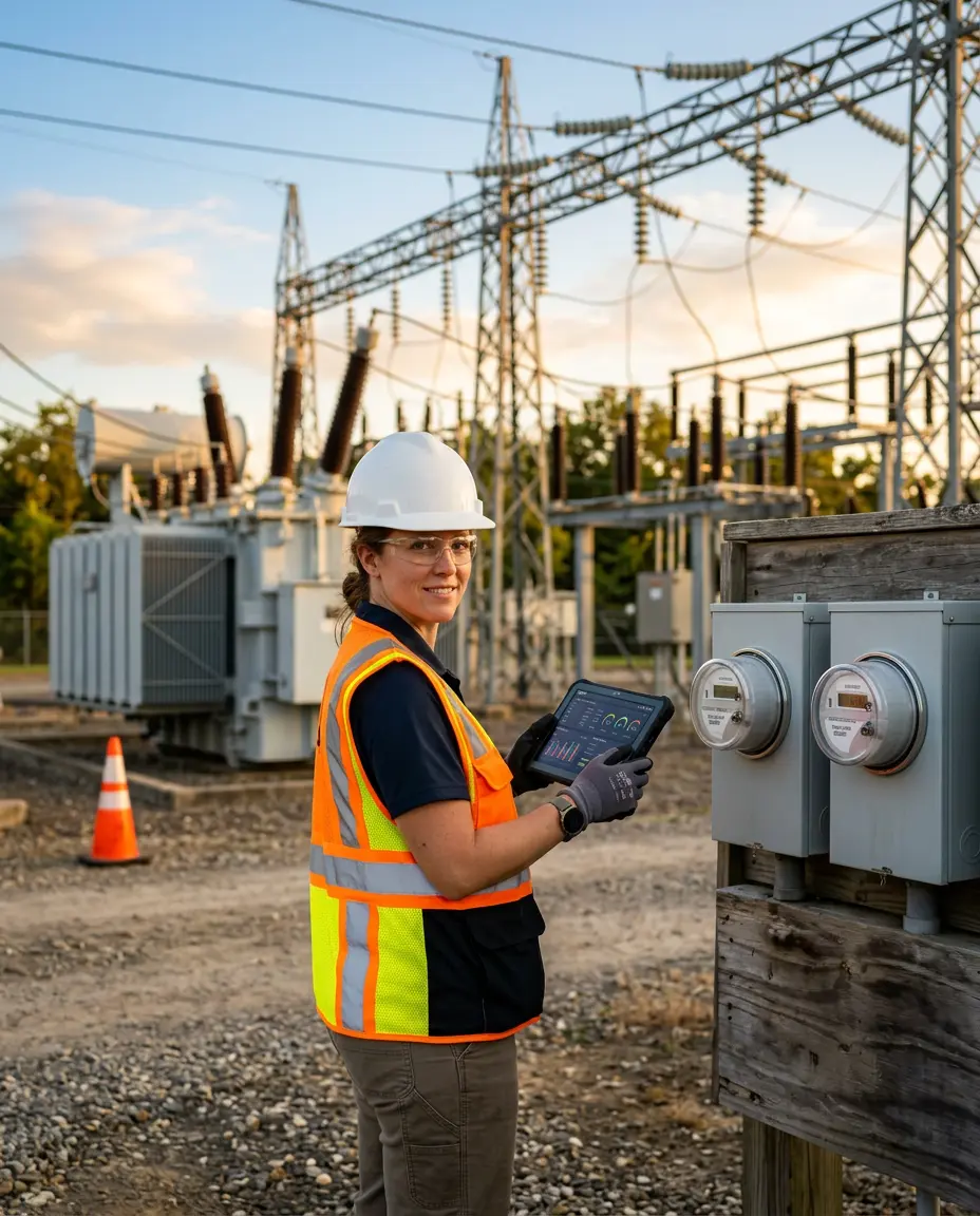 Utility field engineer reviewing AMI smart meter data on a tablet at a distribution substation