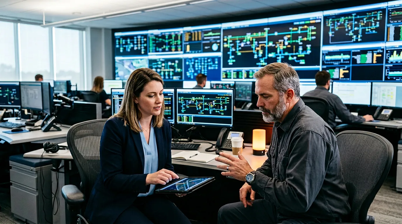 Energy IT staffing recruiter reviewing grid operations data with a utility engineer at a control-room console