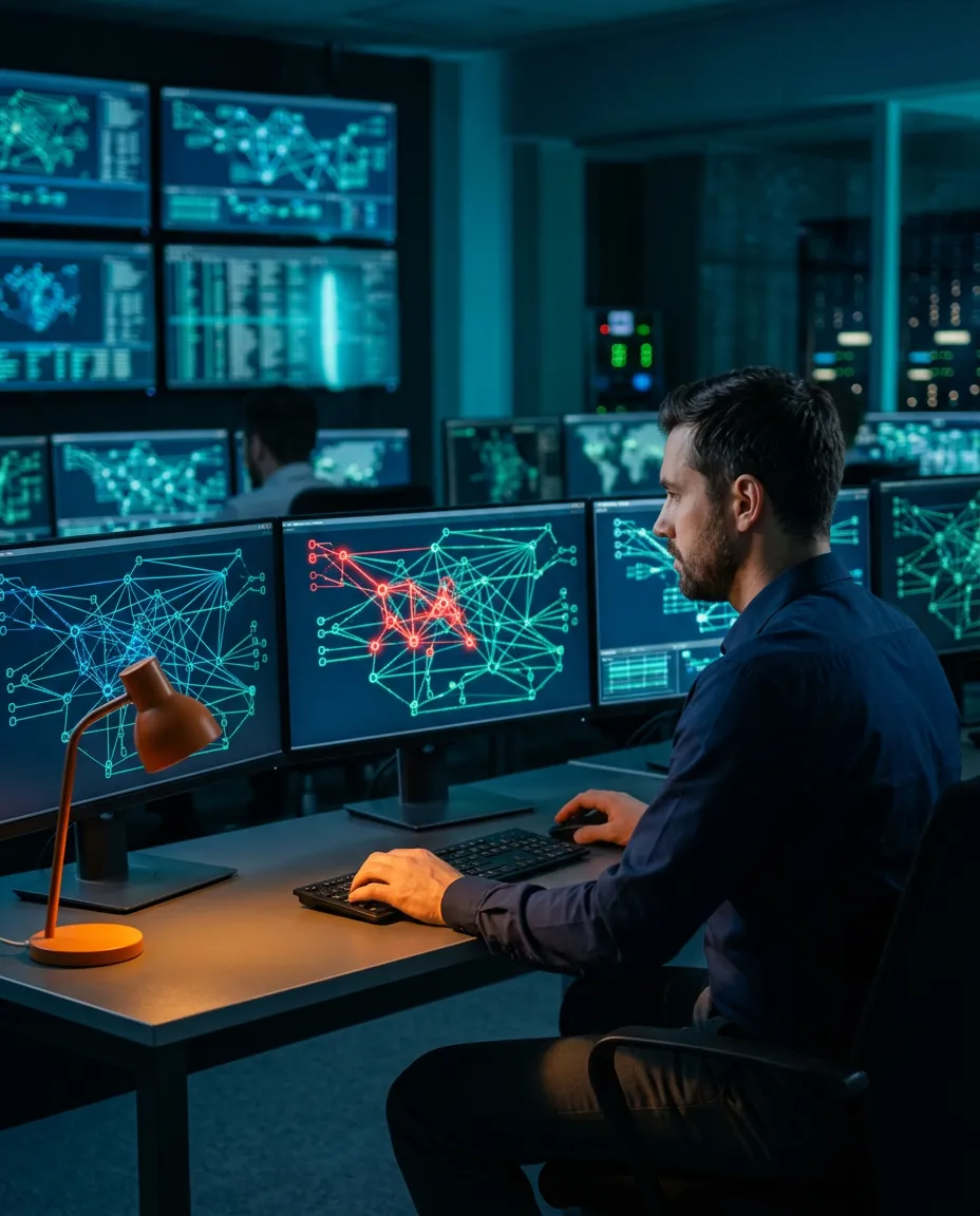 OT cybersecurity engineer monitoring NERC CIP compliance dashboards in a utility security operations center
